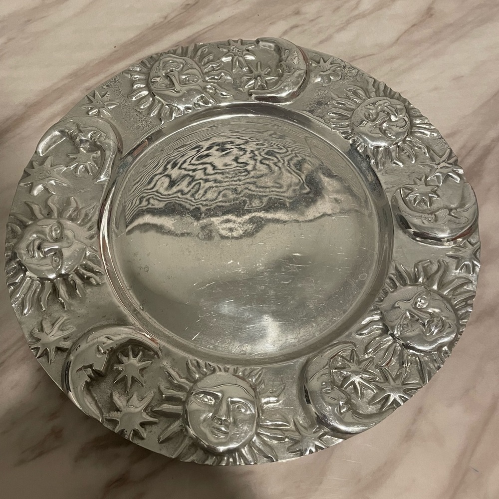 Vintage Handmade Sun & Moon Silver Tray